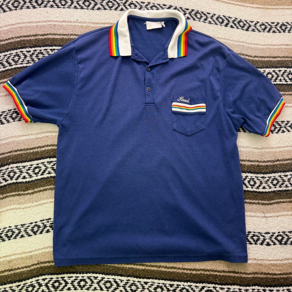 Vintage 90's Liki Liki Honolulu Hawaii Navy Blue Rainbow Polo Shirt Sz Large VTG